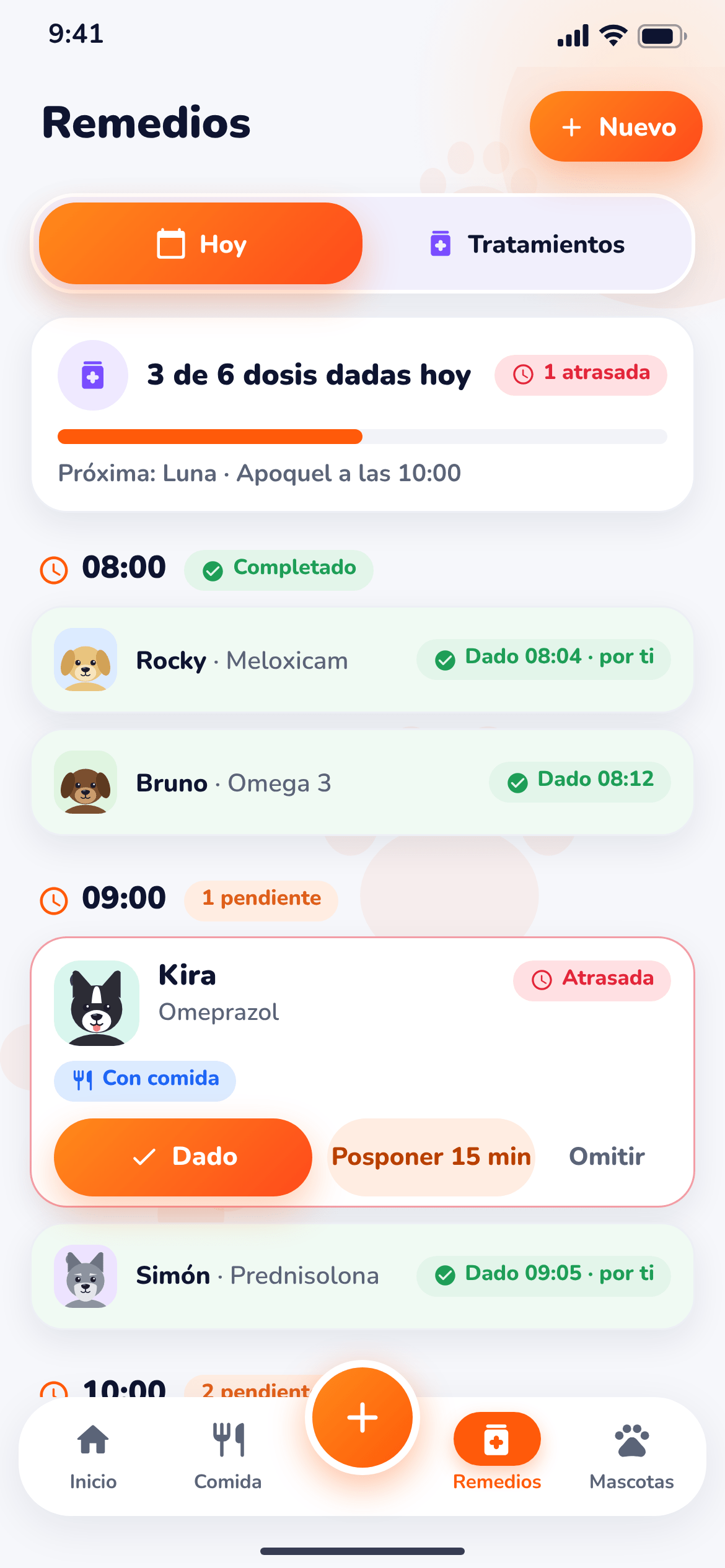Pantalla Remedios de BamPet con las dosis del día